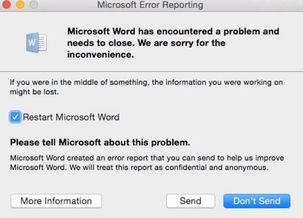microsoft error reporting opening for the first time mac